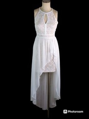 Morgan & Co. White Lace High-Low Halter Dress